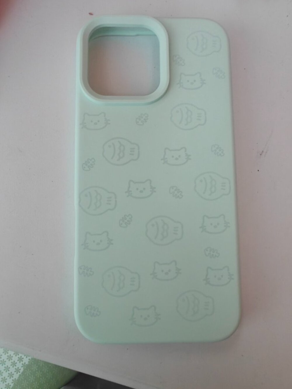 Cute Cat & Fish Sage Green Silicone Case
